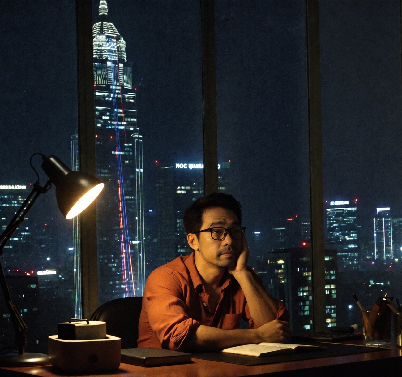 Ly working at a desk at night above the city