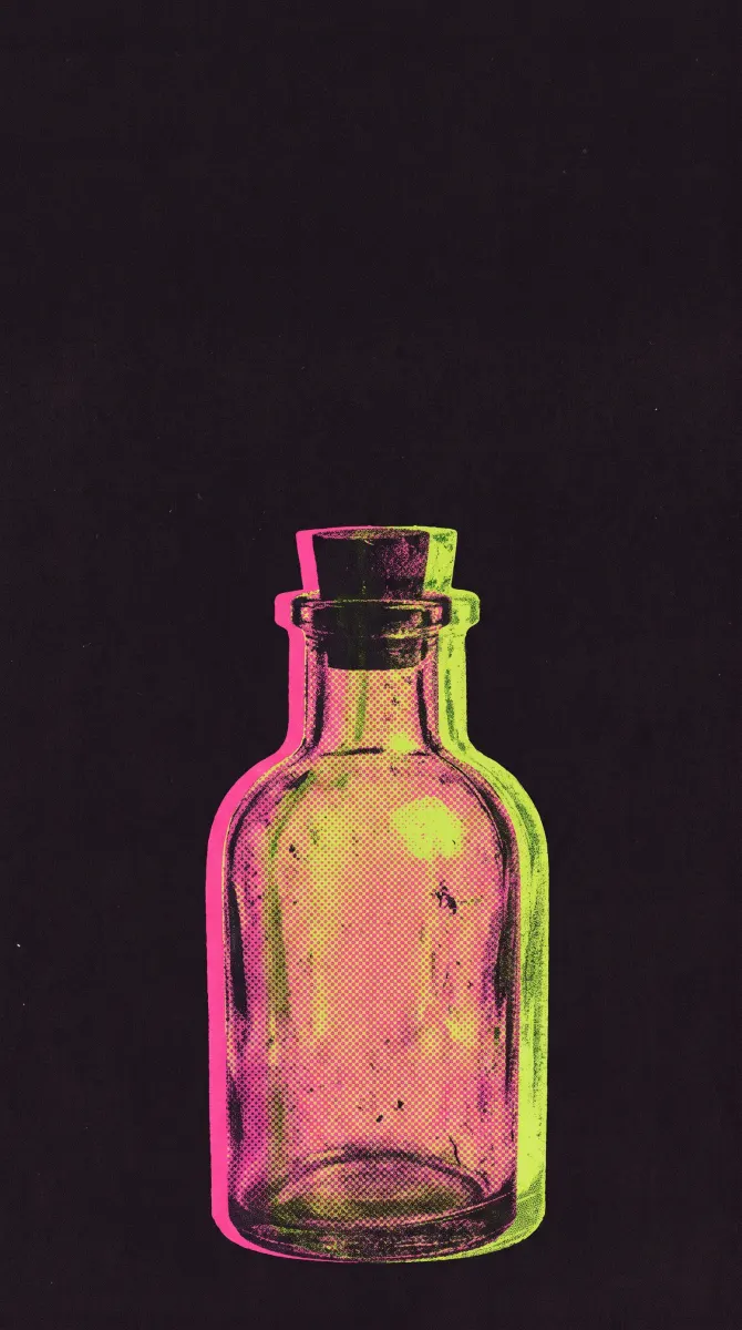 Illustrated glass bottle in acid green and pink