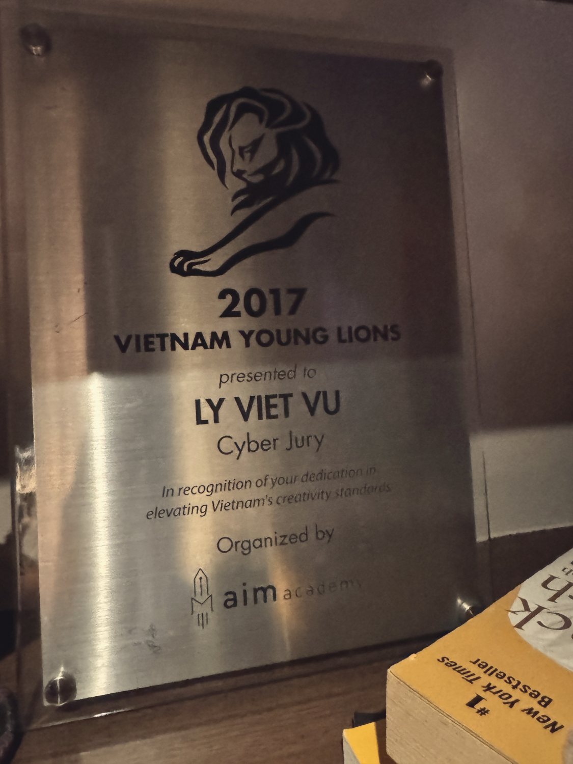 2017 Vietnam Young Lions Cyber Jury plaque for Ly Viet Vu