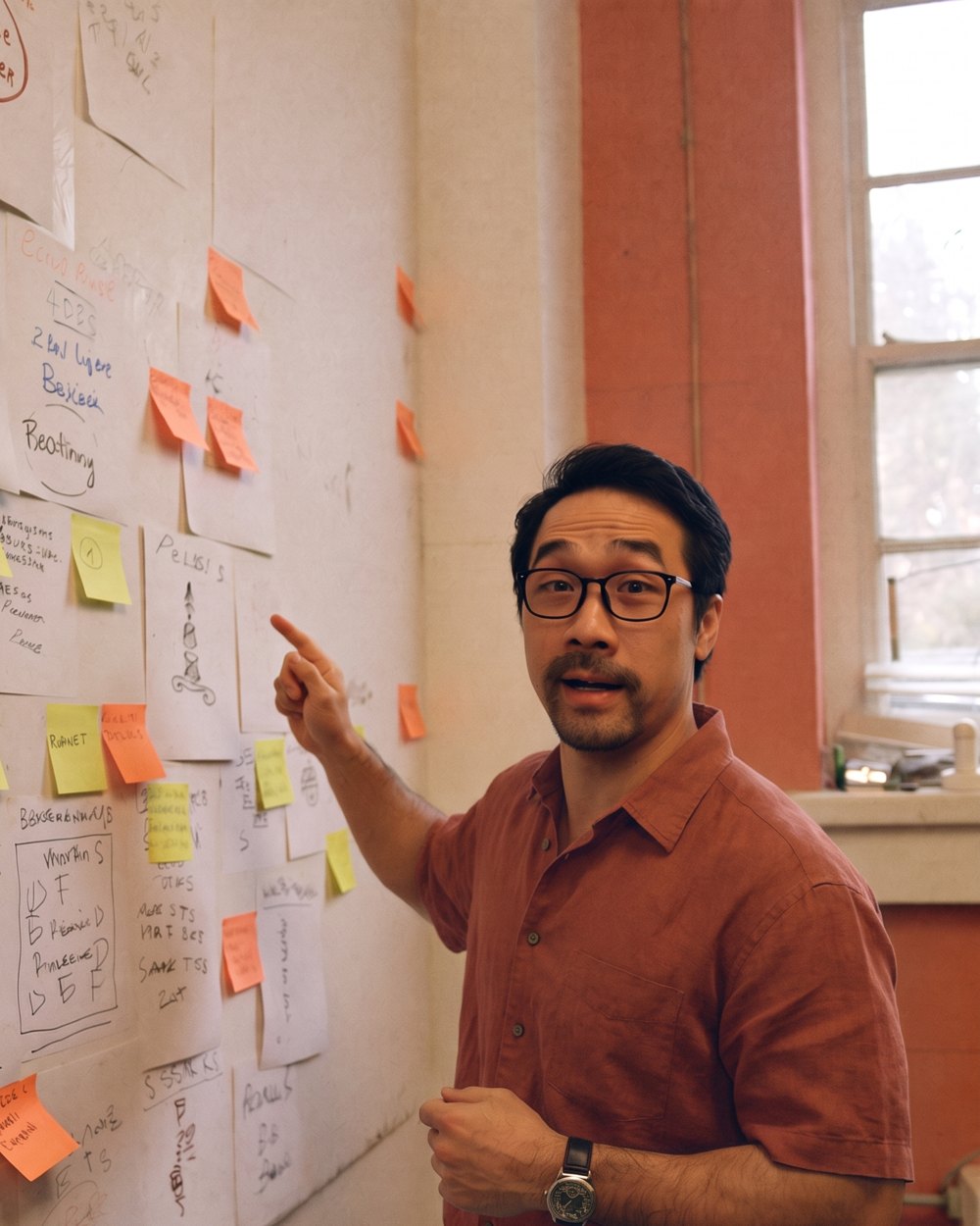 Ly teaching at a workshop wall covered in notes
